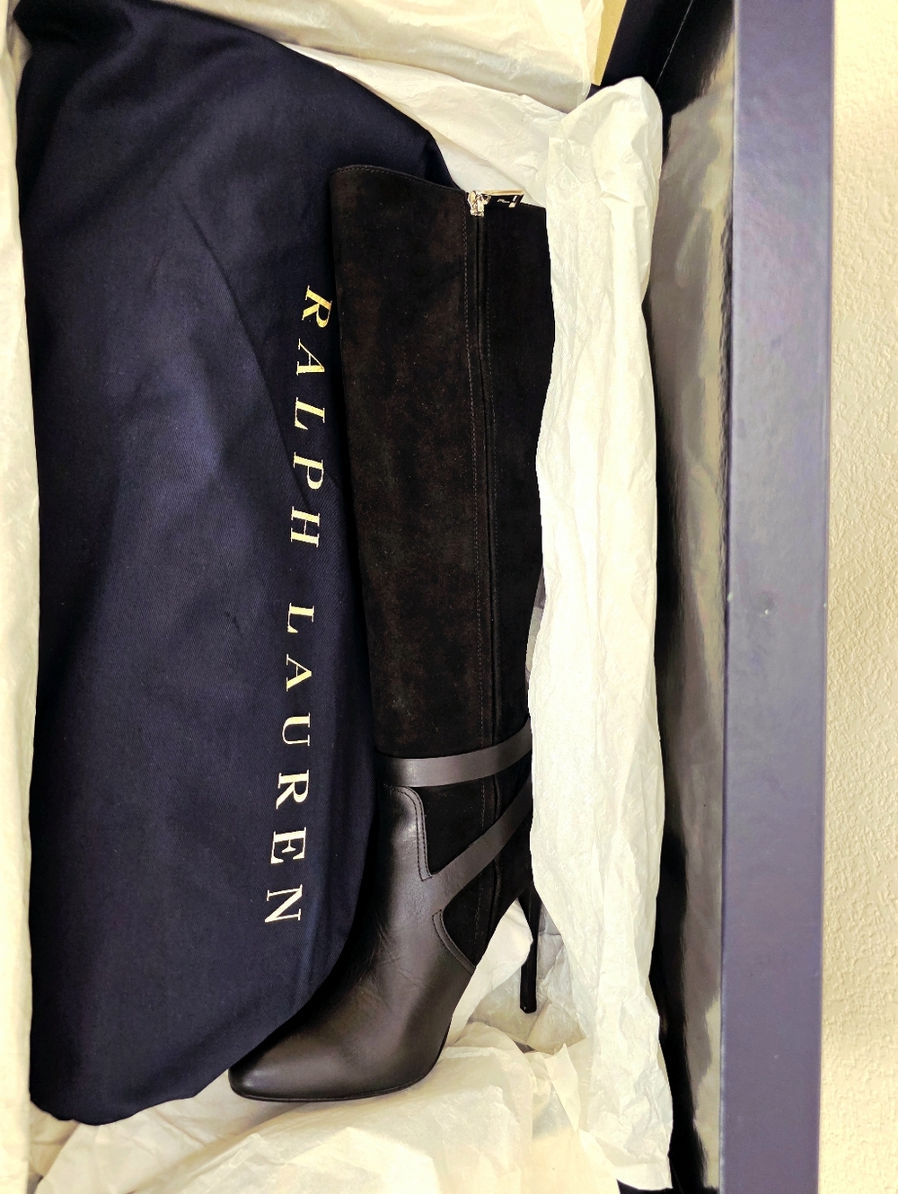 Ralph Lauren Black Leather & Suede Knee-High Stiletto Buckle Boots - Size US 8.5 - Picture 5 of 15